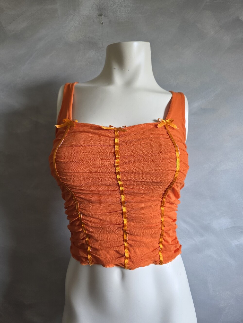 Orange Y2K Style Ruched Cami Tank Top Mesh Corset 90s Vtg Bow Accents Fairy